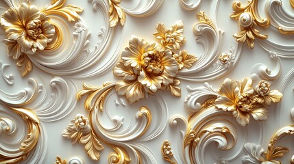 Richly detailed 3D golden Baroque design featuring intricate floral and leaf filigree swirling with ornate rococostyle scrolls set on a clean white background for an elegant and regal appearance