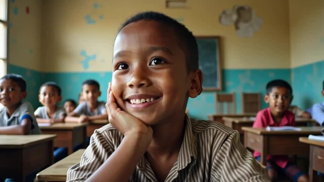 A school in a poor area with broken desks and a leaky ceiling. The children are eager to learn.