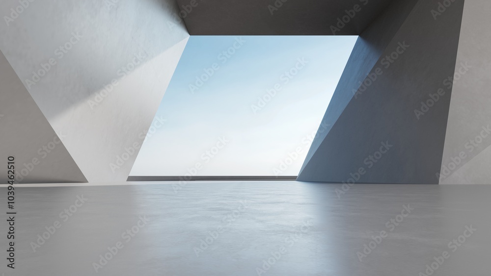 Poster abstract of concrete interior space with geometric design, perspective of brutalism architecture, 3d