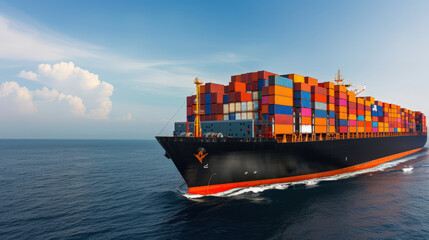 Fototapeta premium massive cargo ship with colorful containers sails through calm sea under clear sky, showcasing vastness of maritime transport and trade