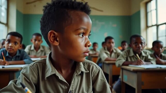 A school in a poor area with broken desks and a leaky ceiling. The children are eager to learn.