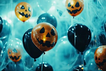 Naklejka premium Halloween Balloons Floating in the Air. Holidays, decorations and party concepts. Scary air balloons for halloween on background with generative ai