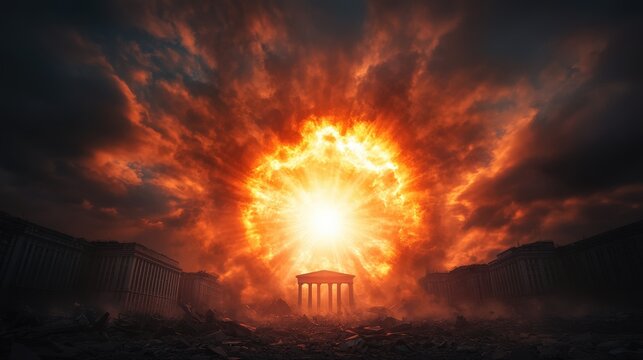apocalyptic city destruction with fiery sky