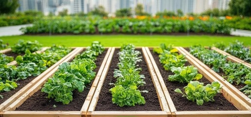 Raised garden beds with a variety of leafy greens in an urban garden setting.