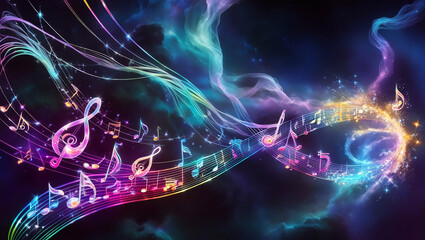 Obraz premium 3d musical staff swirling through a cosmic nebula with glowing musical notes as stars and abstract instruments forming constellations in a symphony of color and light 