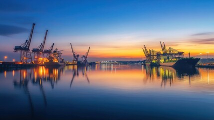 Obraz premium A bustling port at dawn, cranes and cargo ships illuminated by the first light, representing the energy of international trade