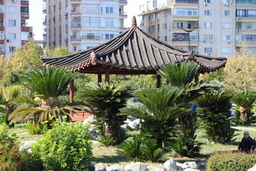 gazebo in japanese garden in a park