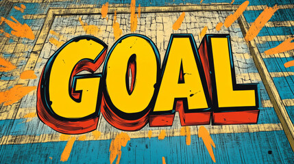 A fun, old-school comic book design text "GOAL" showing a football goal, with bright colors and bold lines. It captures the excitement of sports fans!pop art.