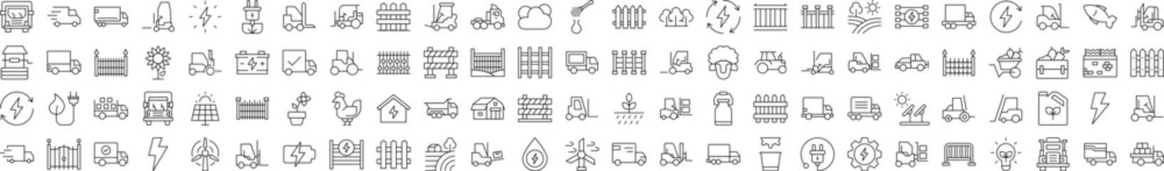 Minimalistic Linear Illustrations of Agriculture. Contains Icons of Tractor, Fence, Farm, Energy that Can Be Used for Design of Cards, Posts, Apps, Web Sites