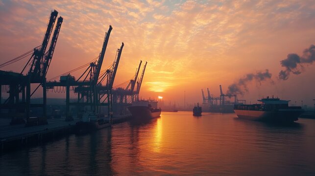 A bustling port at dawn, where containers are loaded onto ships under the first light of day, Highlighting the global connectivity of trade routes