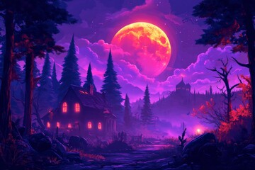 Fantasy Halloween night with glowing jack o lanterns and purple sky blending spooky eerie Halloween horror with mysterious magical vibes