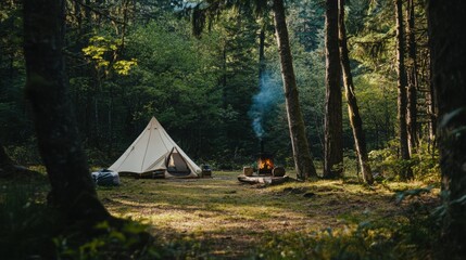 A rustic camping scene in a secluded forest clearing, Camping essentials neatly set up, Naturalist documentary style