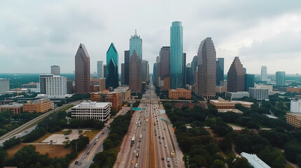 Obraz premium stunning view of modern metropolis featuring skyline filled with glass skyscrapers, showcasing urban architecture and bustling city life. scene captures essence of vibrant city