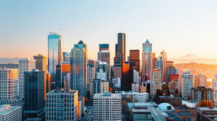 Obraz premium stunning metropolis skyline featuring modern glass skyscrapers, bathed in warm sunset light, with mountains in background creating breathtaking urban landscape