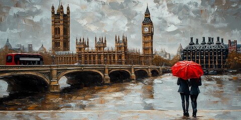 Oil Painting of London Street View with Big Ben, Couple with Red Umbrella