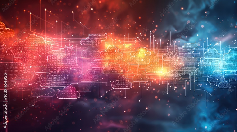 Poster Digital world visualization, interconnected data streams, cloud computing icons, modern gadgets, vibrant colors, innovative technology background.
