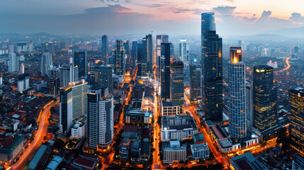 Fototapeta premium modern city skyline featuring skyscrapers and urban streets illuminated at dusk, showcasing vibrant metropolis with blend of architecture and city life