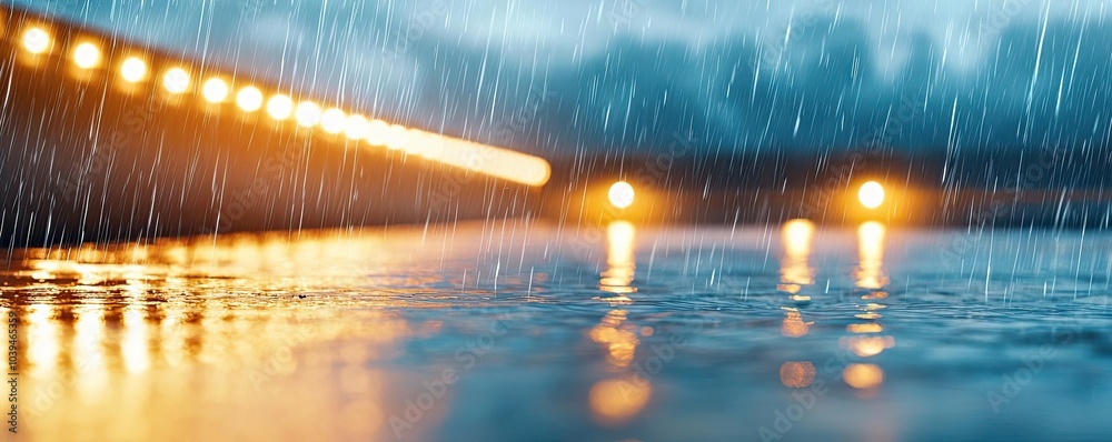 Aufkleber raindrops splashing on water surface with bright lights reflecting, moody atmosphere.