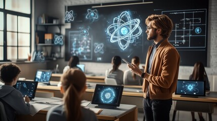 Future Classroom: Teacher Conducting a Holographic Science Lesson, Empowering Students Through Interactive Digital Exploration, Interactive Digital Education in Modern School