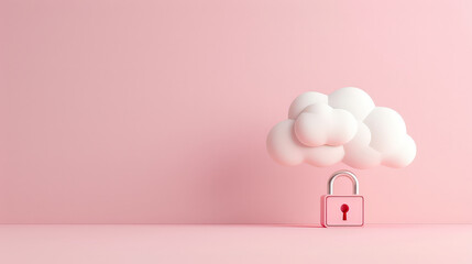 modern cloud illustration featuring lock icon symbolizes security and data protection in soft pink setting. This evokes sense of safety and innovation