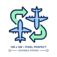 Charter flight RGB color icon. Airplanes with arrows. Flexible flight routes. Private aviation. Travel solutions. Isolated vector illustration. Simple filled line drawing. Editable stroke