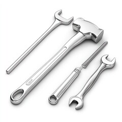 A collection of metallic hand tools including a hammer, wrench, and file for various tasks.