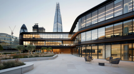 Obraz premium modern metropolis featuring sleek glass skyscrapers and contemporary architecture, showcasing vibrant urban environment. scene captures essence of city life with blend of nature and innovation