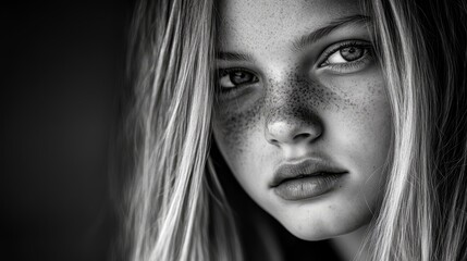 Fototapeta premium A black-and-white image of a woman with freckled hair and freckled eyes