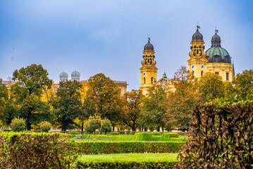 View ot Theatiner Church in downtown Munich with the Liebfrauen Cathedral in  the background