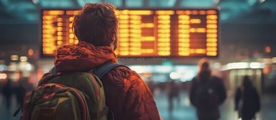 Fototapeta premium Traveler Observing Flight Information Board at Busy Airport Terminal with Backpack and Jacket in Warm Lighting