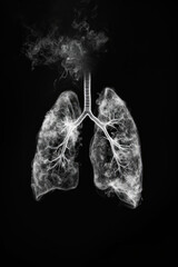 Lungs depicted in double exposure with white smoke on black background, symbolizing breath and life. ethereal quality evokes sense of calm and introspection