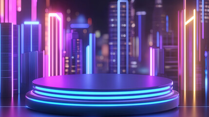 A round podium with a background of cyberpunk city