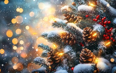 A beautifully decorated Christmas tree adorned with colorful lights, snow-dusted pine branches, and festive ornaments, capturing the holiday spirit.