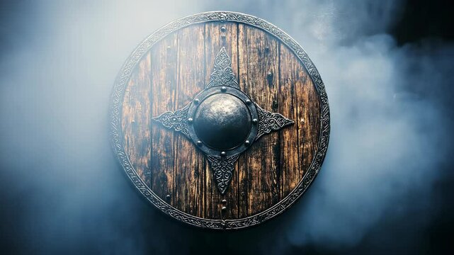 A weathered wooden shield with an iron boss hangs against a backdrop of swirling smoke