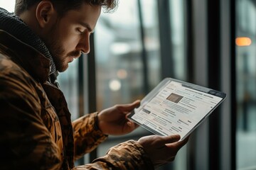 Naklejka premium Man showing electronic flight ticket, Generative AI