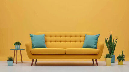 pale yellow sofa with turquoise cushions creates vibrant and inviting atmosphere, complemented by green plants and cheerful yellow backdrop