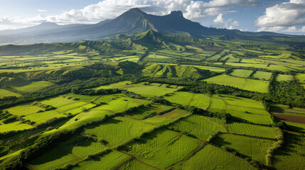 Obraz premium panoramic aerial view of rolling green hills with majestic mountain in background, showcasing beauty of nature and vibrant landscapes