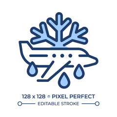 Aircraft deicing RGB color icon. Plane, snowflake and drops. Process of removing ice and snow from aircraft. Isolated vector illustration. Simple filled line drawing. Editable stroke