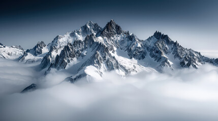 Obraz premium Majestic snow covered mountains rise above sea of clouds, creating breathtaking panoramic view. rugged peaks and serene atmosphere evoke sense of tranquility and awe