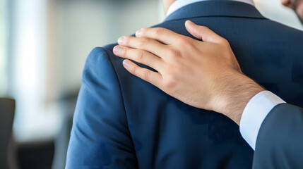 Fototapeta premium Encouragement of coworkers. Managers or executives who care about their coworkers. close-up shot of hand on shoulder.