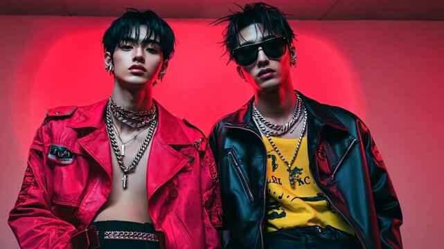 Two young men pose in front of a red backdrop, wearing edgy fashion and sunglasses