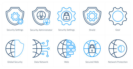 A set of 10 Security icons as security settings, security administrator, shield