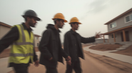 Blurred image of engineers and builders at a construction site discussing project details