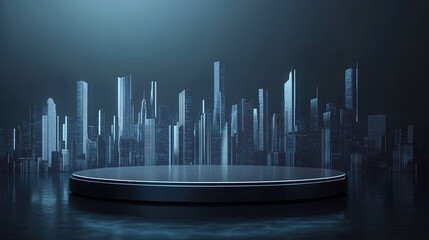 A round podium with a background of cyberpunk city