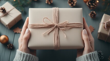 Hands holding a beautifully wrapped Christmas gift