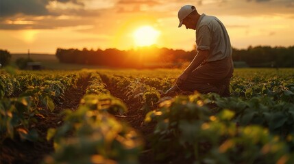 Fototapeta premium Farmer are still working in the fields at sunset.