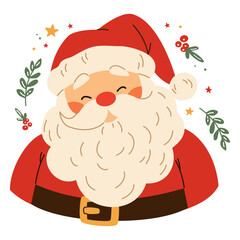 Flat vector illustration in children's style. Portrait of cute santa claus. Christmas illustration on white background. . Vector illustration