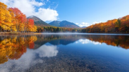 Fototapeta premium Serene Lake in Autumn with Colorful Foliage Reflection