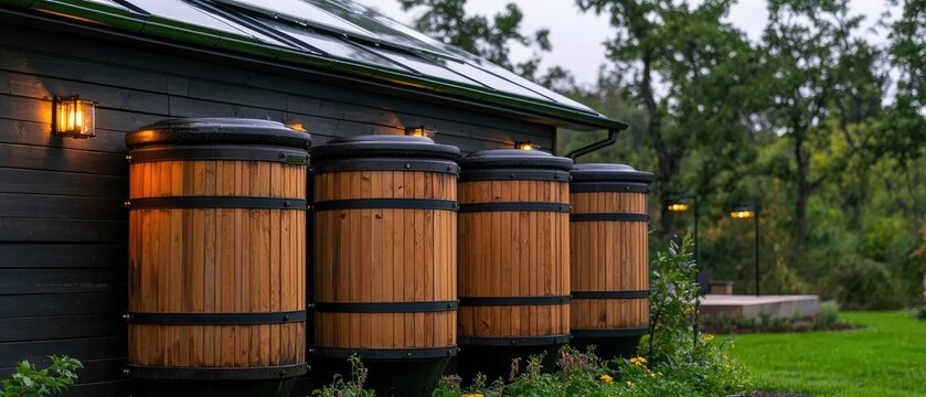 Rainwater harvesting system with wooden barrels in a lush garden setting.