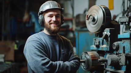 young man with beard with a closed helmet in a shop against a grinding machine